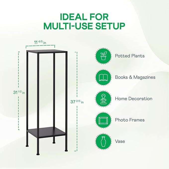 IDZO Tall Metal Plant Stand Black, 2 Tier Plant Stand Indoor and Outdoor, Modern Living Room Decor and Patio Display Shelf for Planters, Flowers, and Home Accessories