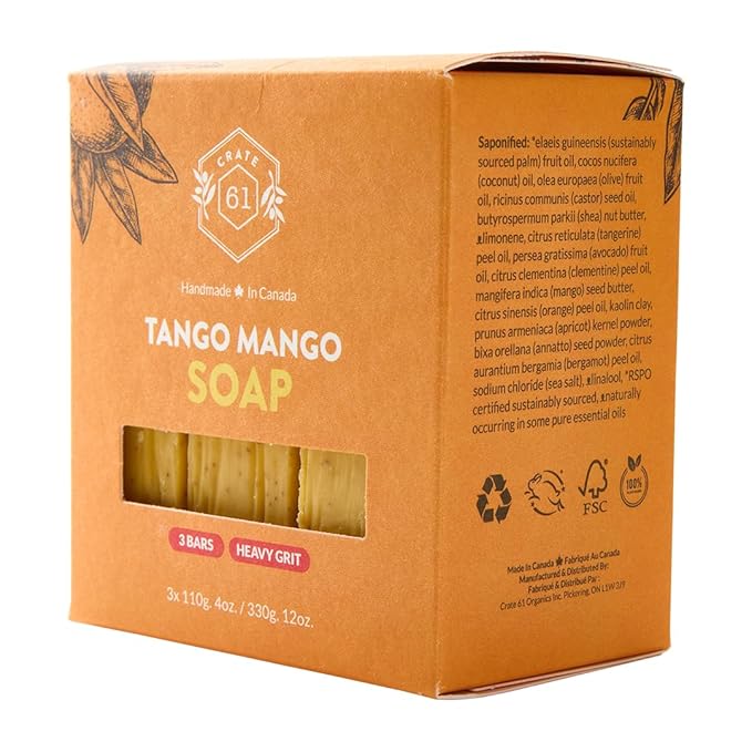 Handmade in Canada, Plant Based Cold Process Natural Bar Soap For Face And Body, With Premium Essential Oils, For Men And Women 3 Pack (Mango)