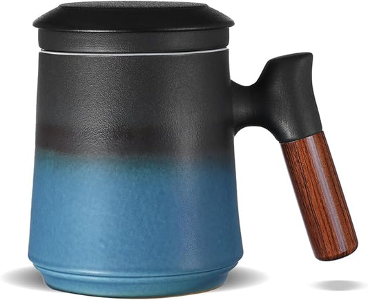 ZENS Gradient Blue Tea Cup with Infuser and Lid, 14.5oz Wood Handle Tea Mug, Loose Leaf Tea Steeper & Strainer, Tea Lovers Gifts