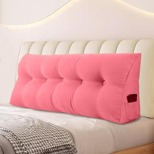 Large Triangular Headboard Pillows Long Backrest Positioning Support Bolster Cushion for Daybed Fluffy Quality Plush Body Wedge Pillow with Removable Cover(Pink -Full-54x8x20in)