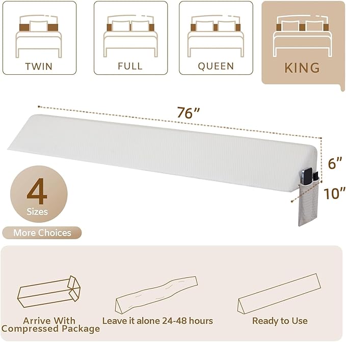 King Bed Wedge Pillow for Headboard, Foam Headboard Pillow, Bed Gap Filler, Mattress Gap Filler King - Fill The Gap (0-7") Between Headboard and Mattress (Air-Layer White, 76"x10"x6")
