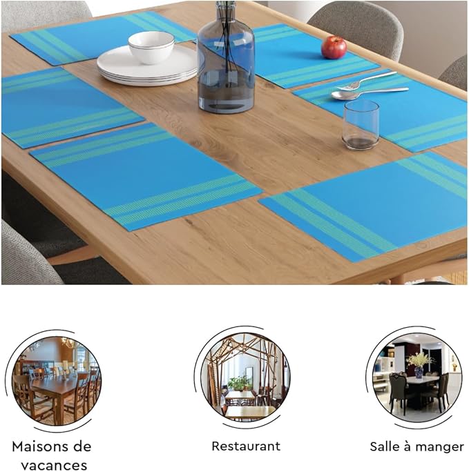 Encasa XO Dining Placemat Set of 6 | Ladder Turq Blue Color | Fine Ribbed Cotton Table mat | Size 18x13 in | Machine Washable