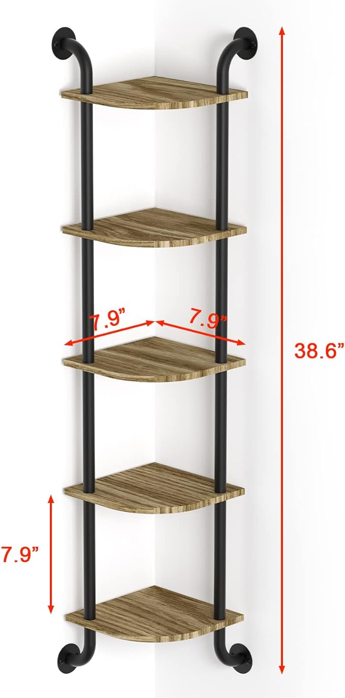 Corner Shelf Wall Mount 5-Tier, Wall Decor for Home Living Room Bedroom, Wall Corner Shelves Bookshelf, Rustic Industrial Pipe Shelves, Brown