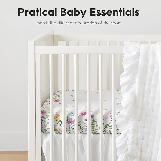 Horaldaily 2 Pack Fitted Crib Sheet for Boys Girls, Fits Standard Size Crib Mattress 28in x 52in, Soft Breathable Washable Jersey Microfiber Baby Crib Sheet, Wild Floral Nursery Sheet Green/White