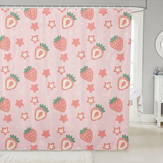 Feelyou Pink Strawberry Fabric Shower Curtain Kawaii Fruit Shower Curtain for Kids Boys Girls Cute Stars Strawberry Bathroom Waterproof Accessories with 12 Hooks Kawaii Lovely Curtains,72x72 Inches