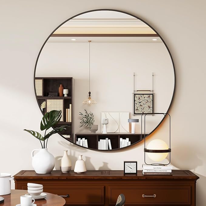 Black Round Mirror, 18 Inch Bathroom Mirror with Metal Frame, Wall Wall-Mounted for Entryway, Bathroom, Vanity, Living Room
