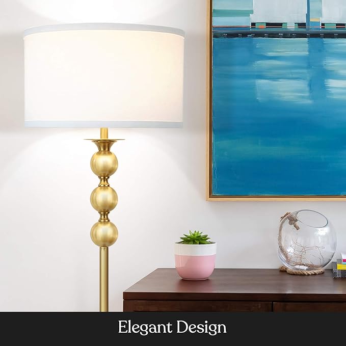 Brightech Riley LED Floor lamp, Boho Lamp for Living Rooms & Offices, Great Living Room Décor, Mid-Century Standing Lamp for Bedroom Reading, Tall Lamp With Drum Shade - Gold/Brass