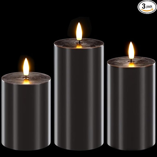 Homemory Halloween Black Flameless Candles Battery Operated with Remote Timer, Real Wax LED Pillar Candle for Halloween Decoration Indoor and Home Decor Gifts, H456, Set of 3