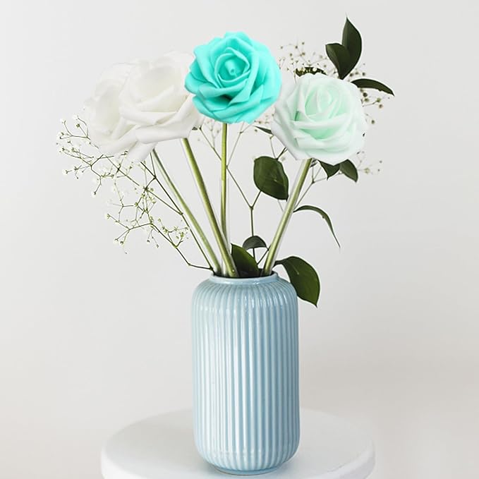 50PCS Artificial Flowers Green Series Roses Real Looking Foam Fake Roses with Leaves and for DIY Wedding Bouquets Bridal Shower Centerpieces Party Decorations (Green Series, 50)