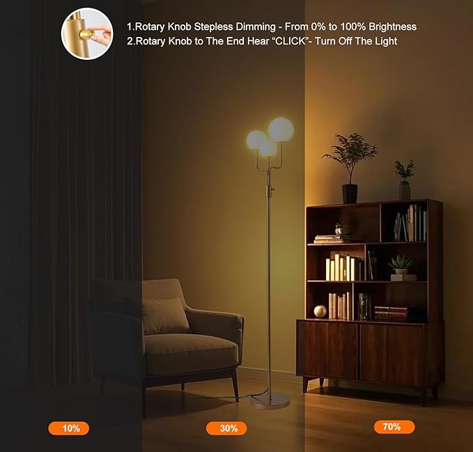 Fiqevs Dimmable 3 Globe Sputnik Floor Lamp, Mid Century Modern Tree Floor Lamp with 3 x 800LM LED Bulbs and Glass Shade, Elegant Antique Brass Gold Standing Lamp for Living Room, Bedroom, Office