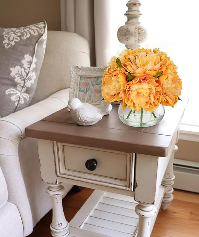 Hollyone Orange Peonies Artificial Flowers in Vase Fall Faux Flowers Peony Fake Flowers Silk Flower Arrangements with Glass Vase with Faux Water for Home Decor Bathroom Table Centerpiece Decorations