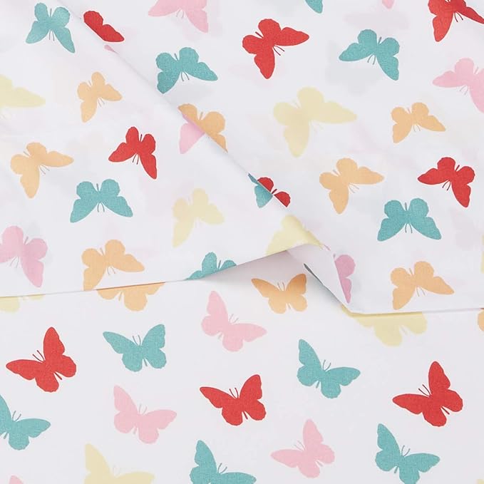 Amazon Basics Kid's Butterfly Friends Soft Easy-Wash Microfiber 3-Piece Sheet Set, Twin, Multi-Color Butterflies, Printed