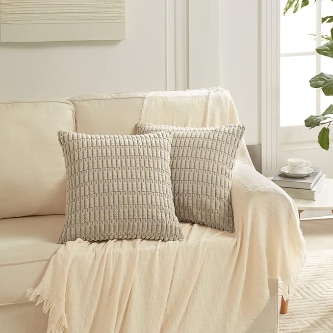 Fancy Homi 4 Packs Taupe Decorative Throw Pillow Covers 18x18 Inch for Living Room Couch Bed, Rustic Modern Farmhouse Boho Home Decor, Soft Plush Corduroy Cute Accent Square Cushion Case 45x45 cm