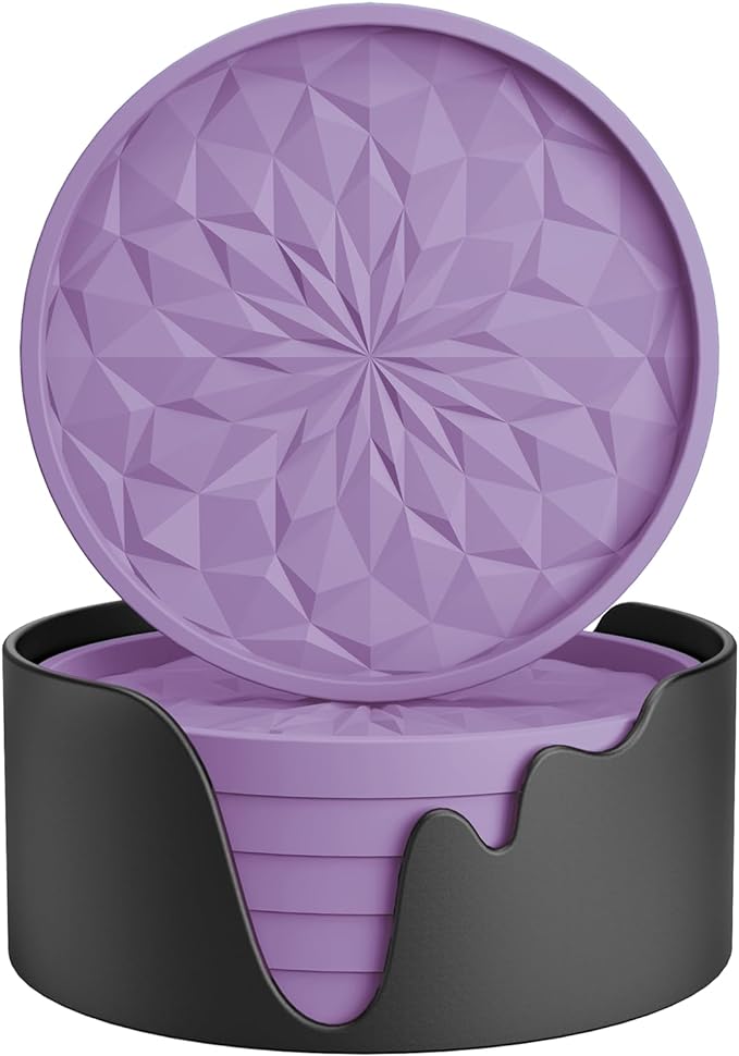 ME.FAN Silicone Coasters with Holder,[6 Pack] Drinking Coasters - Cup Mat for Hot or Cold Drinks, Thickened, Non-Slip, Non-stick,Deep Tray Light Purple