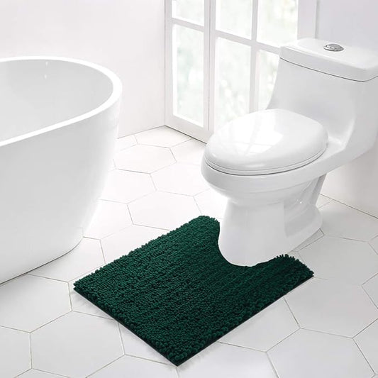 Walensee Bathroom Contour Rug Non Slip Toilet U Shaped Bath Mat (20x24, Hunter Green) Water Absorbent Super Soft Shaggy Chenille Machine Washable Dry Extra Thick Perfect Absorbant Best Plush Carpet