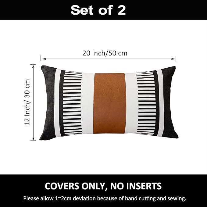 Boho Striped Lumbar Pillow Covers 12x20 inch, Modern Leather Couch Pillowcase,Farmhouse Home Decor, Black (Pack of 2, Cover ONLY)