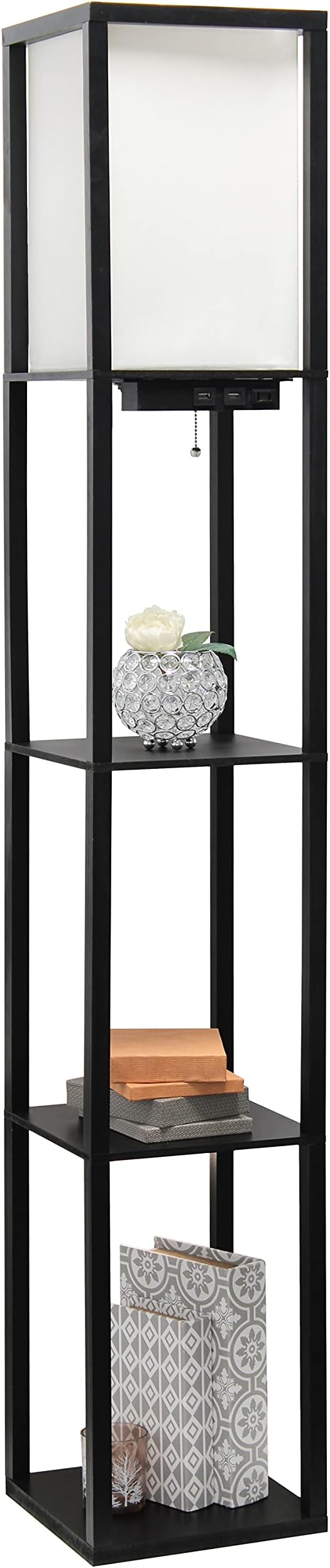 Simple Designs LF1037-BLK Floor Lamp Etagere Organizer Storage Shelf with 2 USB Charging Ports, 1 Charging Outlet and Linen Shade, Black