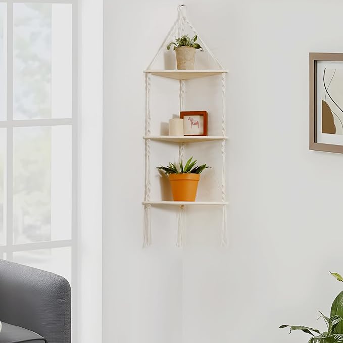 Artilady Macrame Corner Shelf Wall Hanging - 3 Tier White Floating Shelves Plant Corner Wall Decor, Boho Rustic Wood Plant Storage Rack for Bedroom Living Room Bathroom