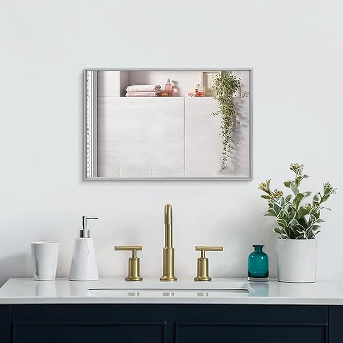 AAZZKANG Grey Wall Mirror Decorative Metal Framed Mirrors Modern for Bedroom Bathroom Dressing Room Home Decor Rectangular 20"x16"