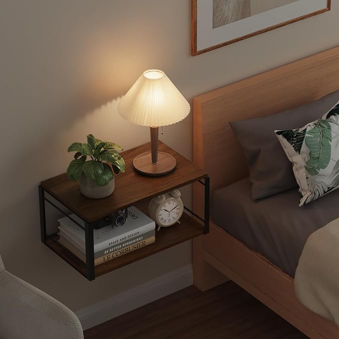Floating Nightstand, Wood Bedside Shelf Wall Mounted Nightstand, Floating Bedside Table for Bedroom, Living Room, Bathroom, Kitchen, Office (Vintage Brown)