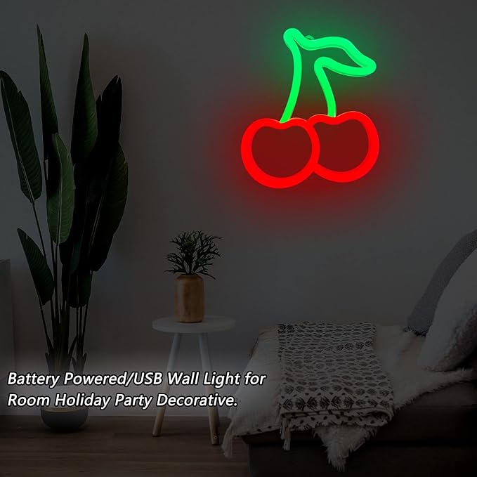 Cherry Neon Sign, Red Green Cherries Neon Lights, Cherry Neon Signs for Wall Decor, Cute Fruits LED Signs for Kids Room,Restaurant,Bar,Fruit Shop,Home Green+Red