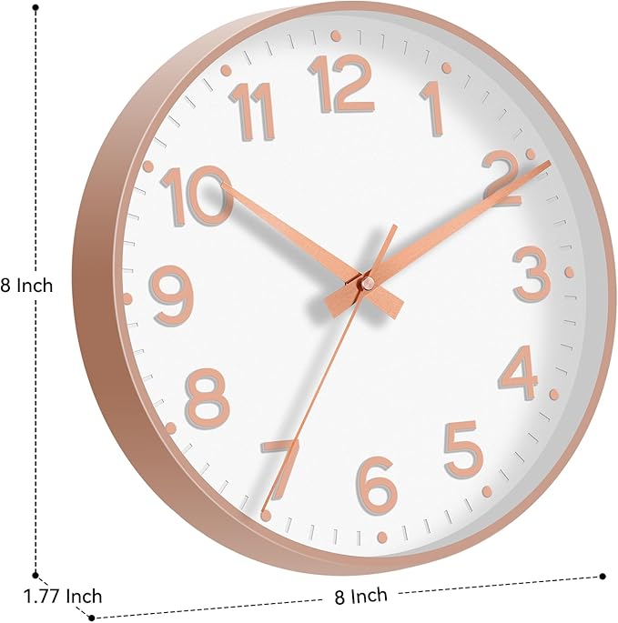 Wall Clock, Silent Wall Clocks Battery Operated 8 Inch-Modern Non Ticking Analog Clock Decorative for Kitchen Office Bathroom Bedroom(White Rose Gold)