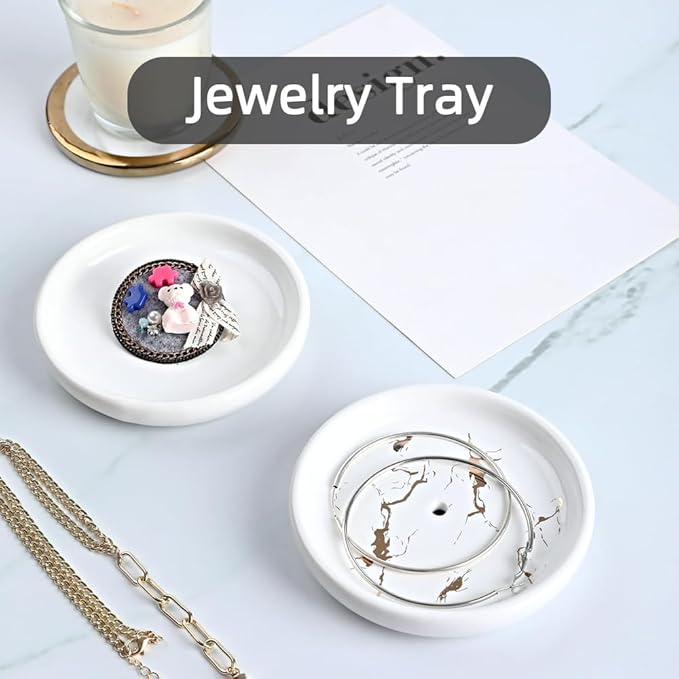 Round Self Draining Soap Dish, Small Ceramic Tray, Cute Jewelry Dish, Keep Soap Dry & Bathroom Décor (White)