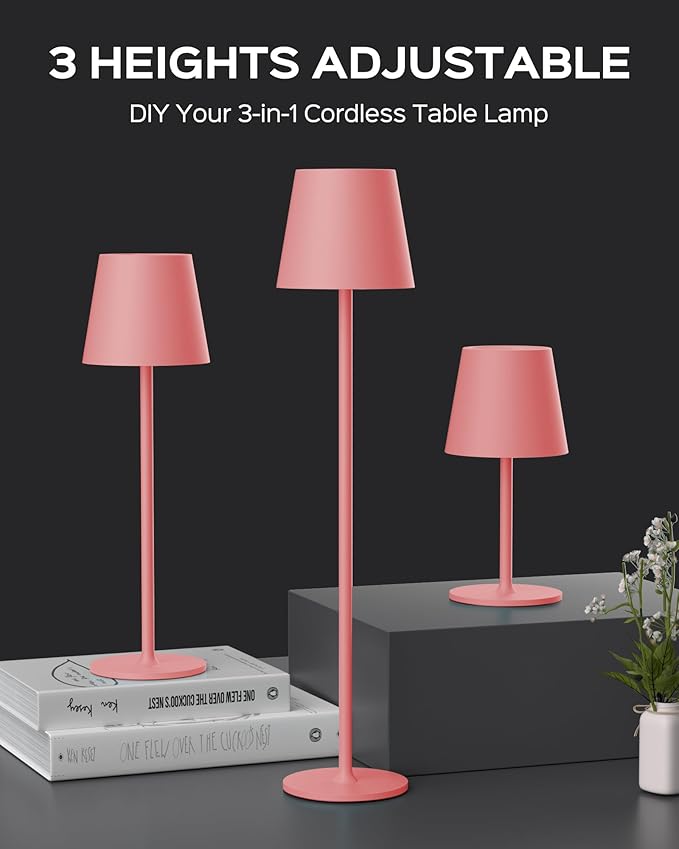 JACKYLED Cordless Table Lamps Rechargeable, 3 Adjustable Height, 5000mAh Battery Operated, 3 Colors Smooth Dimming, Portable LED Waterproof Table Lamp for Dining, Bedroom, Outdoor (2 Pack-Girly Pink)