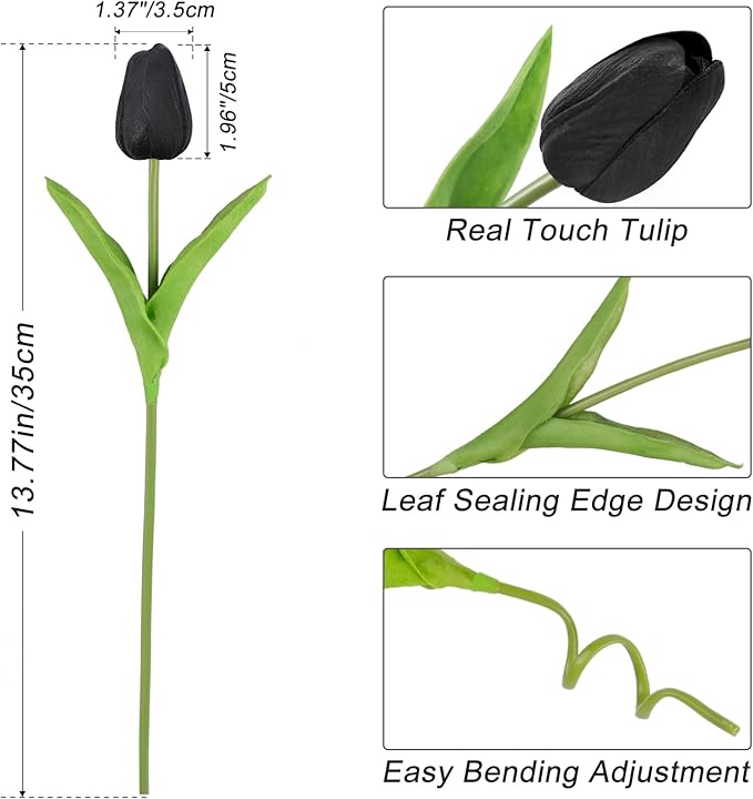 Beferr Black Tulips Artificial Flowers 18pcs Faux Tulip Real Touch Fake Flowers Bouquets for Halloween Easter Gifts Home Party Wedding Table Decorations