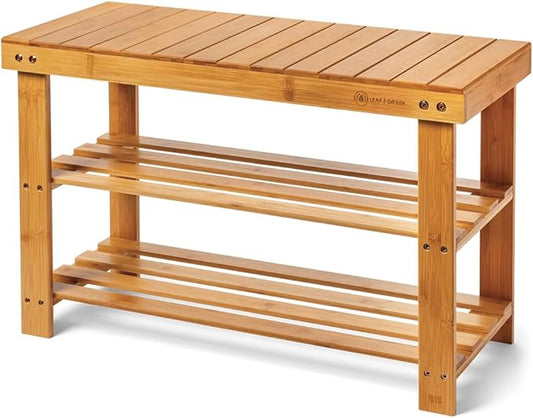 Leaf & Grain Bamboo Shoe Rack - Shoe Storage Bench for Front Door Entrance - Entryway Bench with Shoe Shelf, Shoe Storage Organizer, Wooden Shoe Rack, Durable Shoe Bench for Home (Natural)