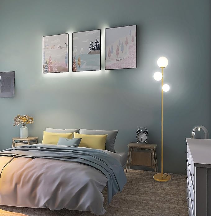 Fiqevs Floor Lamp, 3 Globe Mid Century Floor Lamps for Living Room with Sphere Frosted Glass Shade and 3 2700K LED Bulbs, Vintage Modern Gold Standing Lamp for Bedrooms, Office - Antique Brass