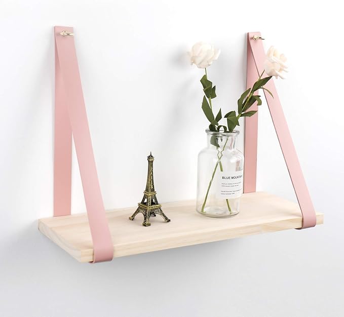 Leather Strap Wood Floating Wall Shelf Wooden Shleves Wall Organizer Wall Mount Shelf Home Decor Kitchen Living Room Bedroom(Pink Set of 2)