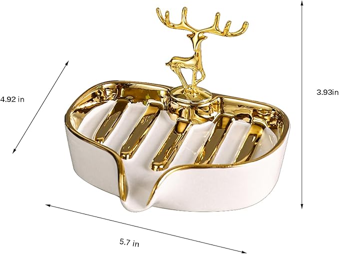 Soap Dish, Virvia Luxurious Ceramic Soap Dish Self Draining Soap Holder Tray Easy Cleaning Soap Saver for Shower Bathroom Kitchen Sink Bathtub Hotel Travel（White Painted in Gold）