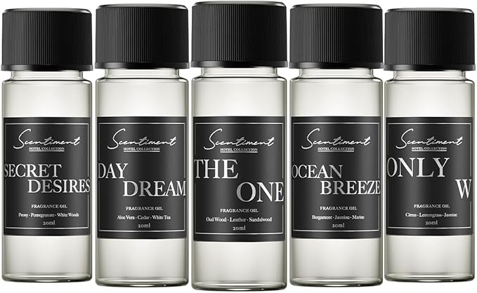 Hotel Diffuser Oil | Aromatherapy Fragrances Inspired by 5-Star Hotels | Luxurious Scents with Notes of Cardamom, Tuscan Leather, and Sandalwood (20ml, Top 5 Scents)