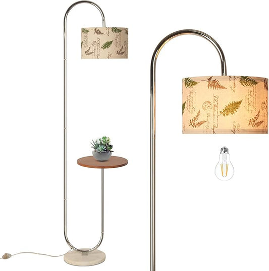 Hsyile Arc Floor Lamp with Hanging Drum Shade for Living Room-Marble Base Modern Tall Stand Up Light with Table, Contemporary Over The Couch Chrome Lamp Standing Lamps