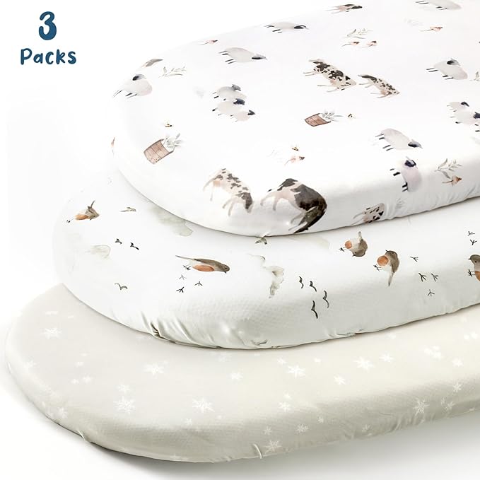 Stretchy Ultra Soft Fitted Bassinet Sheet Set 3 Pack, Universal Fit for Bassinets Baby Cradle Moses Basket Oval Rectangle Mattress Safe and Snug, Cute Watercolor Cows and Birds Print