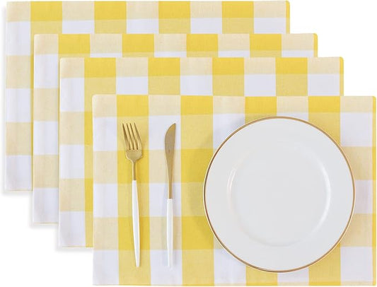 Yellow & White 2 Side Cotton Buffalo Check Placemats Set of 4 Heat Resistant Dining Table Place Mats for Kitchen Table, 12 x 18 inches