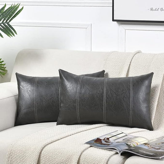 Fancy Homi 2 Packs Dark Gray Long Lumbar Faux Leather Decorative Throw Pillow Covers 12x24 Inch for Outdoor Couch Bed, Modern Farmhouse Boho Home Decor, Grey Hand Stitched Cushion Case 30x60 cm