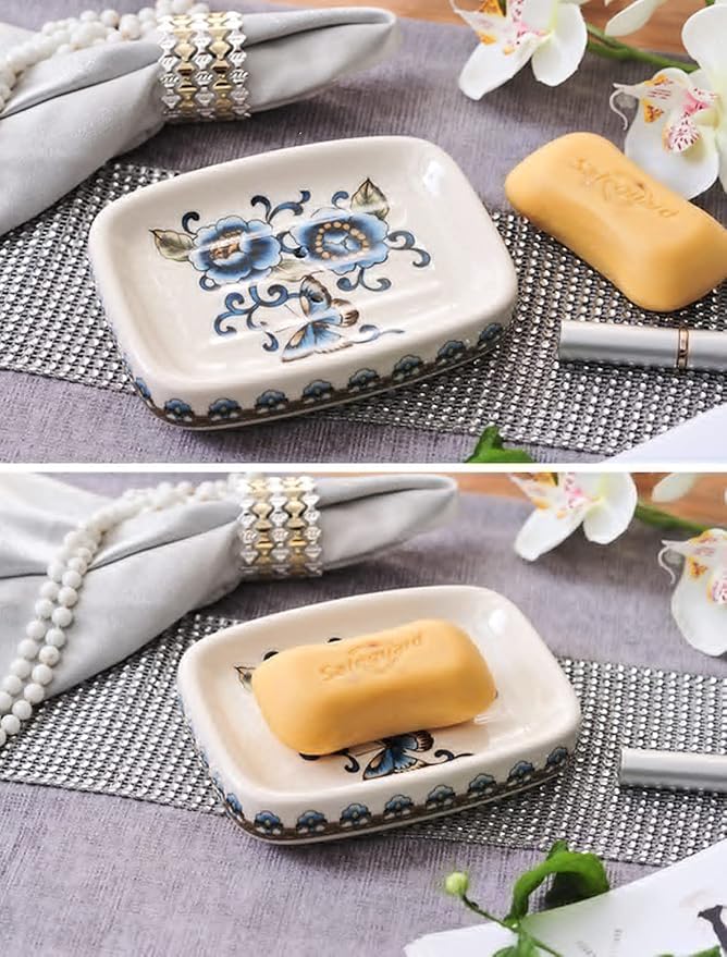 Ceramic Soap Dish Creative Ice Crack Ceramic Blue Butterfly and Flower Pattern Soap Dish Holder for Bathroom and Shower Soap Tray Box with Drain Gift for Mum Family