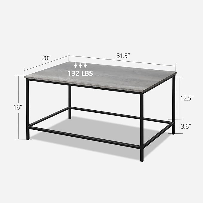 SENIG Small Coffee Table, Modern Industrial Style Rectangular Coffee Table, Grey Wood and Sturdy Metal Side End Table, Rustic Accent Functional Coffee Table for Living Room,31.5 x 20 x 16