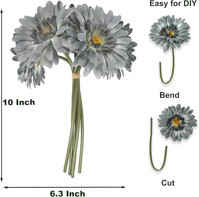 TOPIA Artificial African Daisies Flowers African Daisy Silk Flowers Artificial Gerbera Daisies Pack of 10 (Grey)