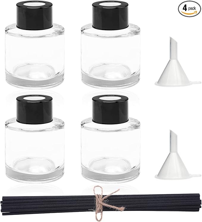 4PCS Refillable Fragrance Glass Diffuser Bottles with 20pcs Reeds Sticks & Black Caps & Funnel, Diffuser Jars for Home Oil Fragrance Decoration Girl Women Gift (50ML)