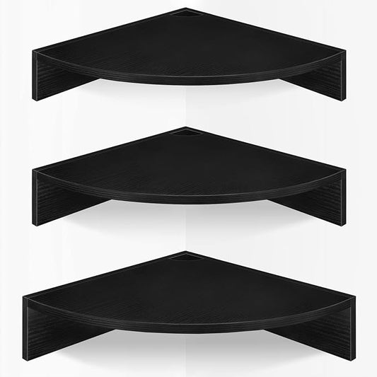 Homode Corner Floating Shelves, Set of 3 Corner Shelves Wall Mounted with Cable Hole, 3 Tier Wooden Hanging Corner Storage Shelf for Bedroom, Living Room, Kitchen, Black