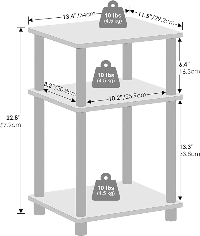 Furinno Just 3-Tier Turn-N-Tube End Table, 1-Pack, White/White