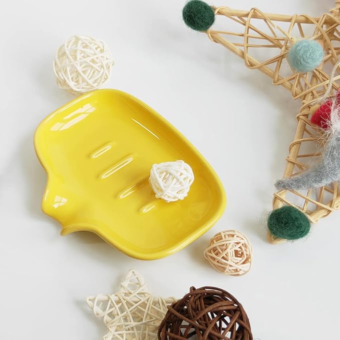Multi-Color Ceramic Soap Dish for Kitchen or Bathroom, Easy to Clean, Self Draining Soap Holder, Keeps Soap Dry (Yellow)