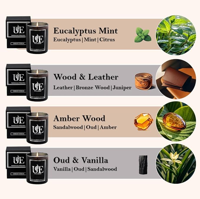 4 Pack Scented Aromatherapy Candles Gifts Set, 32 oz 220 Hour Long Lasting Candles for Home Scented, Amber Wood/Oud Vanilla/Wood Leather/Eucalyptus Mint