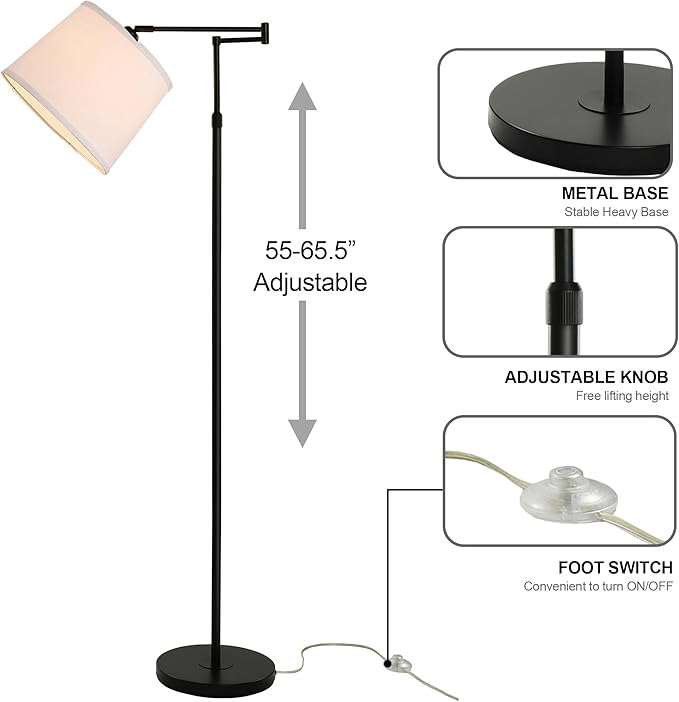 55"-65.5" Adjustable Floor Lamp for Living Room, Black Swing Arm Floor Lamps for Home, Modern Standing Lamp, Tall Black Floor Lamp for Reading, Home Office, Nursery, Bedroom