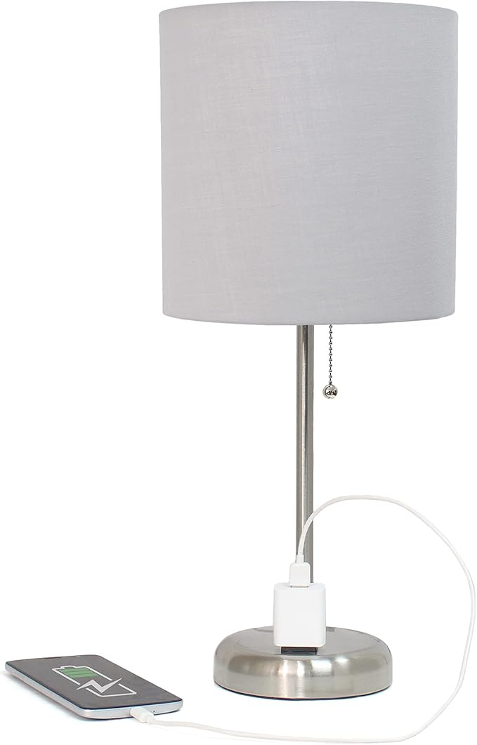 Simple Designs LT1144-GRY Sleek and Slender Brushed Steel Table Lamp with Charging Outlet, for Bedroom, Living Room, Entryway, Office, Dining Room, Study, Gray Shade