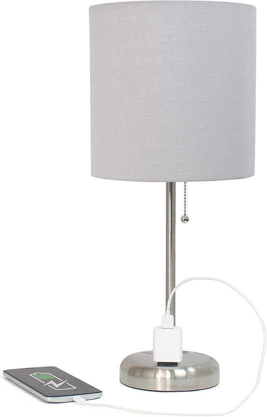 Simple Designs LT1144-GRY Sleek and Slender Brushed Steel Table Lamp with Charging Outlet, for Bedroom, Living Room, Entryway, Office, Dining Room, Study, Gray Shade