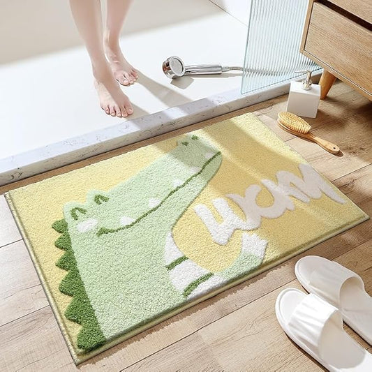 Bathroom Rug Cute Animal Pattern Fun Bath Mat, Microfibre Soft Oval Rug, Rubber Back, Multi-Color, Durable, Machine Wash Bath Mat for Bathroom Floor, 19.68"x 31.49", (Dinosaur)